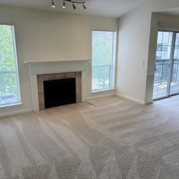 carpeted living room with fire place
